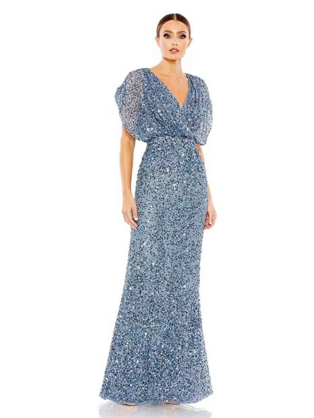 Mac Duggal Navy Blue Sequin Draped V-Neck Gown, SIZE 12